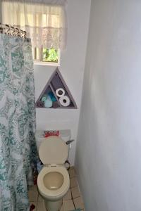 a small bathroom with a toilet and a window at Elegant Rays Apartment- Golf Course , Grenada in Grand Anse
