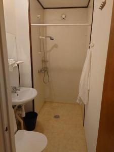 baño pequeño con ducha y lavamanos en Large Apartment, Quality Company Accommodation., en Sundsvall