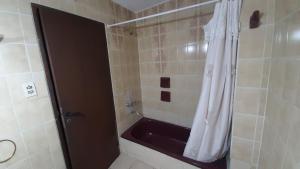 a bathroom with a bath tub with a shower curtain at Excelente Ubicación in San Salvador de Jujuy