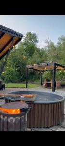 a ping pong table with a pavilion in a park at Cabaña en el bosque-Termas de Chillán in Recinto