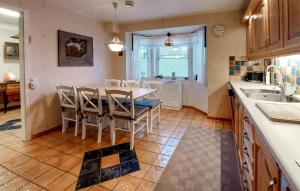 uma cozinha com uma mesa e cadeiras e um lavatório em 3 Bedroom Beautiful Home In Hgans em Höganäs