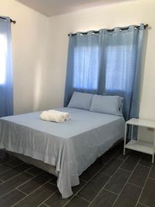 Bett in einem Zimmer mit einem blauen Vorhang in der Unterkunft Apartamento en Gracias, Lempira -ARCITUR in Arsilaca
