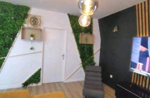 sala de estar con puerta blanca y pared verde en Superbe appartement en Gagny