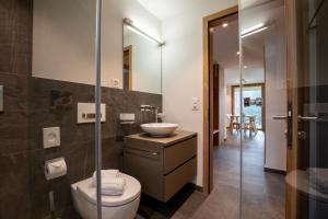 een badkamer met een toilet, een wastafel en een spiegel bij Alpenresort B22 in Riederalp