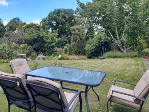 a blue table and chairs in a yard at Happy Space in Waihi