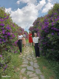 Un gruppo di donne che camminano in un campo di fiori di Hoa Lan Hotel a Bak Kan