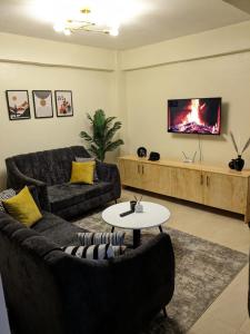 sala de estar con 2 sofás y TV en Rawin Homes, en Nyeri