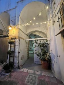 an alley with a door and a plant and lights at Palazzo Saraceno apartments-Antico Rifugio in Taranto