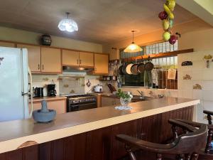 a kitchen with a counter with chairs and a refrigerator at La maison près du Phare in Mahina