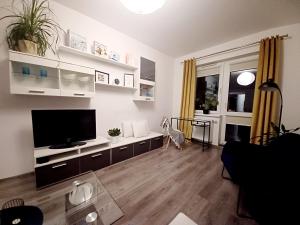 Televízia a/alebo spoločenská miestnosť v ubytovaní Między miastem a naturą Niebieski Zakątek