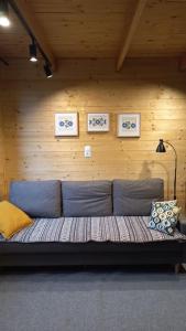 ein Sofa in einem Zimmer mit einer Holzwand in der Unterkunft Domek górski na Polanie Goryczkowej 700 m npm - Szczyrk dojazd samochodem terenowym, w zimie utrudniony - wymagane łańcuchy in Szczyrk