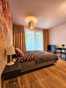 a bedroom with a large bed and a window at STARE MIASTO KWIATY in Elblag
