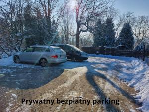 two cars parked in a parking lot in the snow at Apartamenty Nova na Krakowskiej No 3 in Bielsko-Biała