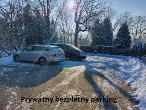 twee auto's geparkeerd op een parkeerplaats in de sneeuw bij Apartamenty Nova na Krakowskiej No 4 in Bielsko-Biala