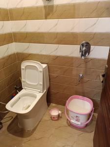 a bathroom with a toilet and a bucket at Hotel Raj 2 KM from Janana Hospital and 1 KM from MDS University in Ajmer