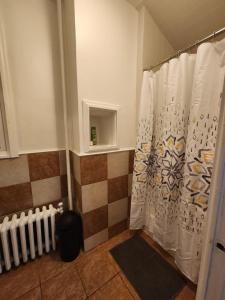 y baño con ducha y cortina de ducha. en Prime Location 3-Bed Close to NYC en Jersey City