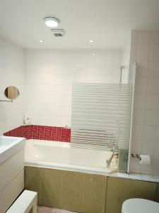 ein Badezimmer mit einer Badewanne, einem WC und einem Waschbecken in der Unterkunft Liège centre 13 Quai Godefroid Kurth à 15 min gare Guillemins in Lüttich