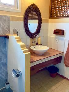 a bathroom with a sink and a mirror on a counter at La Reine Creole in La Gaulette