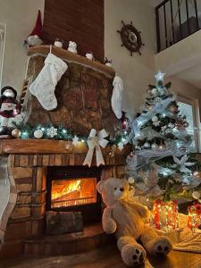 einen Weihnachtsbaum im Wohnzimmer mit Kamin in der Unterkunft Vila Impresija Fruska gora in Novi Sad