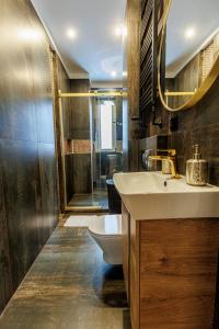 a bathroom with a sink and a toilet and a shower at King Piastów & SPA in Szczecin