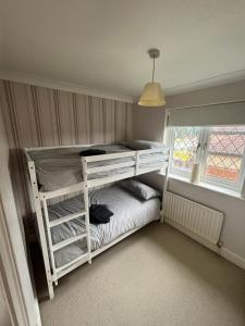 a bedroom with two bunk beds and a window at Lovely modern, well-kept house in Sidcup
