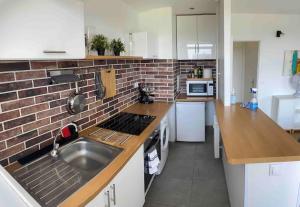 a kitchen with a sink and a brick wall at Agréable deux pièces avec loggia in Vanves