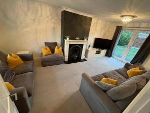 a living room with two couches and a fireplace at Lovely modern, well-kept house in Sidcup