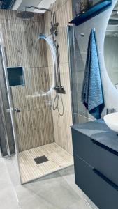 bagno con doccia e porta in vetro di Morris Multi a Dar es Salaam