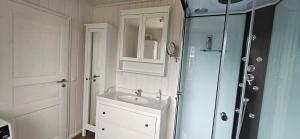 a white bathroom with a sink and a shower at Schwedenhaus Zerpenschleuse in Wandlitz