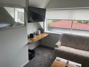 a living room with a couch and a window at Ohope Dreamer 1 in Ohope Beach