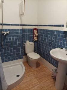 uma casa de banho em azulejos azuis com um WC e um lavatório em Casa Rural San Gines em Sabiote