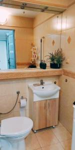 a bathroom with a white toilet and a sink at Apartament 43 in Płock