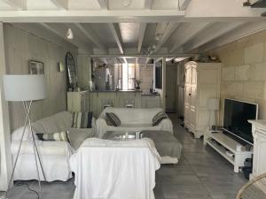 sala de estar con muebles blancos y TV en Charmante échoppe avec piscine Comme un air de campagne en ville, en Burdeos
