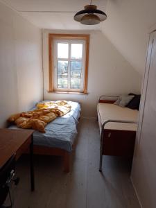 Habitación pequeña con 2 camas y ventana en Tolne NaturePark 1 tv, en Sindal