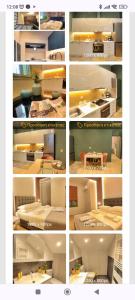 a collage of different pictures of a room at Atsiki's 54 apartments in Chios