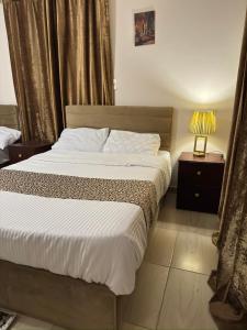 a bedroom with a bed and a lamp and curtains at Hur magic inn in Cairo