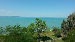 a view of the ocean from a hill with trees at Plazs Hotel Siófok in Siófok
