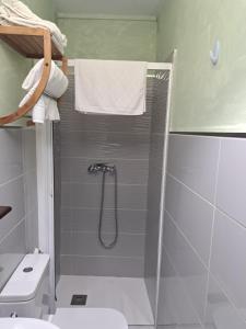 a bathroom with a shower with a sink and a toilet at Pensión Casaño in Arenas de Cabrales