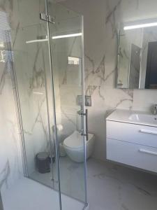 een badkamer met een douche, een toilet en een wastafel bij Soho Moraleja III in Alcobendas