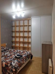 een slaapkamer met een bed en een kast met planken bij T1 bis centre ville d'Aurillac in Aurillac