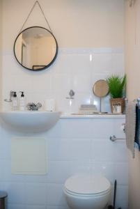 a bathroom with a sink and a mirror and a toilet at Spacious 2 bed apartment in Canterbury