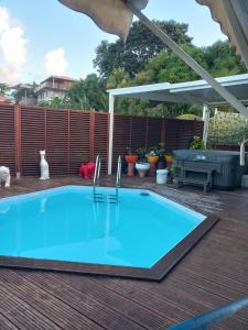 a swimming pool on a deck with a cat sitting next to it at Joli appartement in Rivière-Pilote