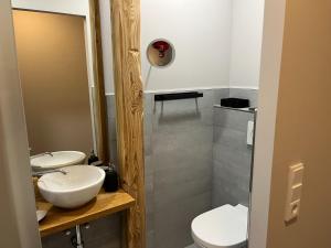 ein Badezimmer mit einem weißen Waschbecken und einem WC in der Unterkunft Wohnen bei FrauSchmitt in Bad König
