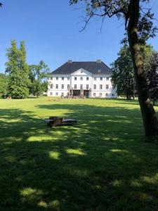 a large white building in the middle of a field at Reetdachhaus Seasons mit Kamin & Sauna in Groß Schwansee