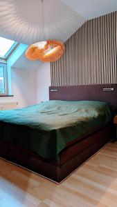 En eller flere senge i et værelse på Rooftop Art Apartment, E-Roller,Ausblick,WLAN,TV