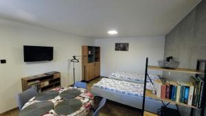 um quarto com duas camas e uma televisão e uma mesa em Przystanek Tykocin - apartamenty gościnne em Tykocin