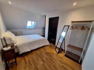 a bedroom with a bed and a dresser and a mirror at Les Combles de Bagnères in Bagnères-de-Bigorre