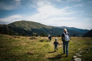 Due adulti e un bambino che camminano su una collina erbosa di Nockventure Ferienhaus Gnesau a Gnesau