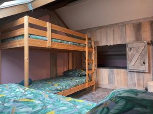 een kamer met 2 stapelbedden in een hut bij Luxe in stiltegebied tussen loslopende Alpaca’s 