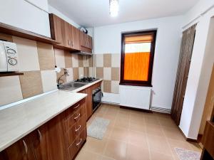 een kleine keuken met een wastafel en een raam bij Apartament central in Râmnicu Vâlcea